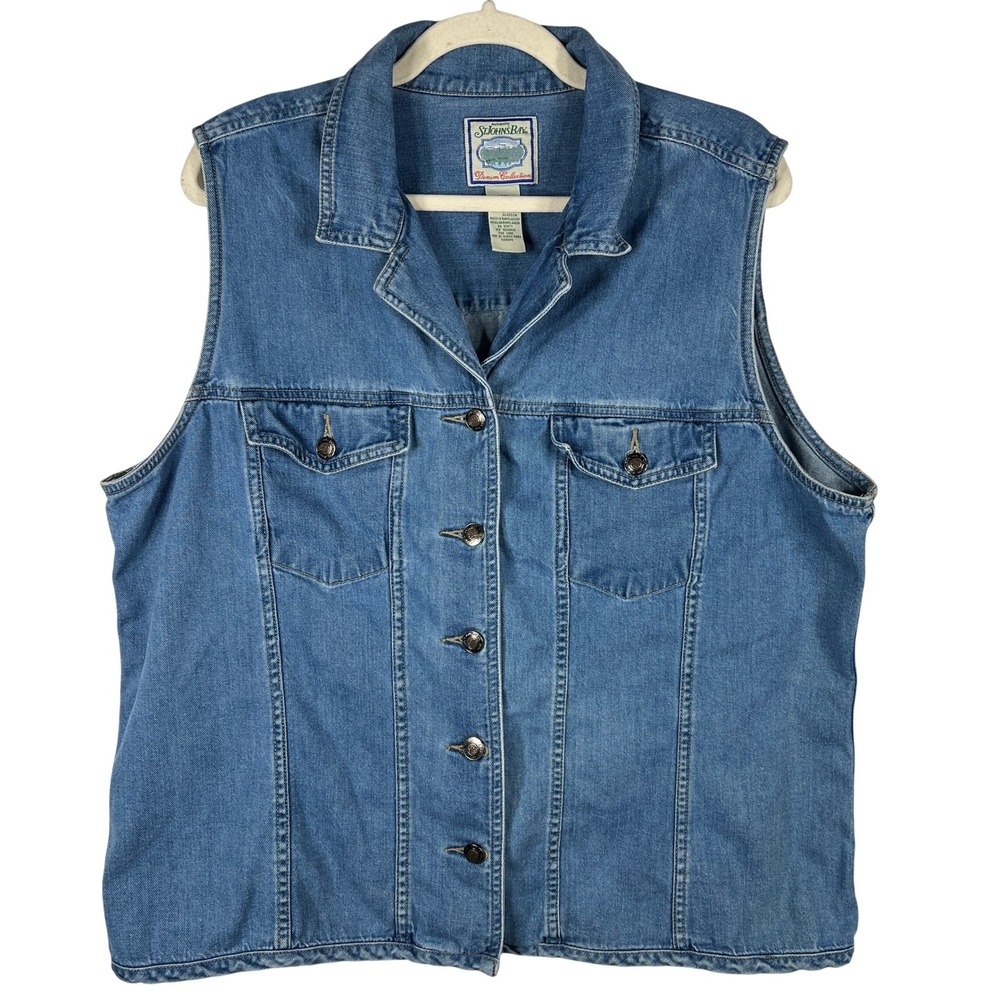 St Johns Bay Denim Vest Plus Size 18W Medium Wash Button Up Cotton Coastal Boho